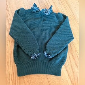 Girls' Teal Knit Sweater with Floral Ruffle Trim